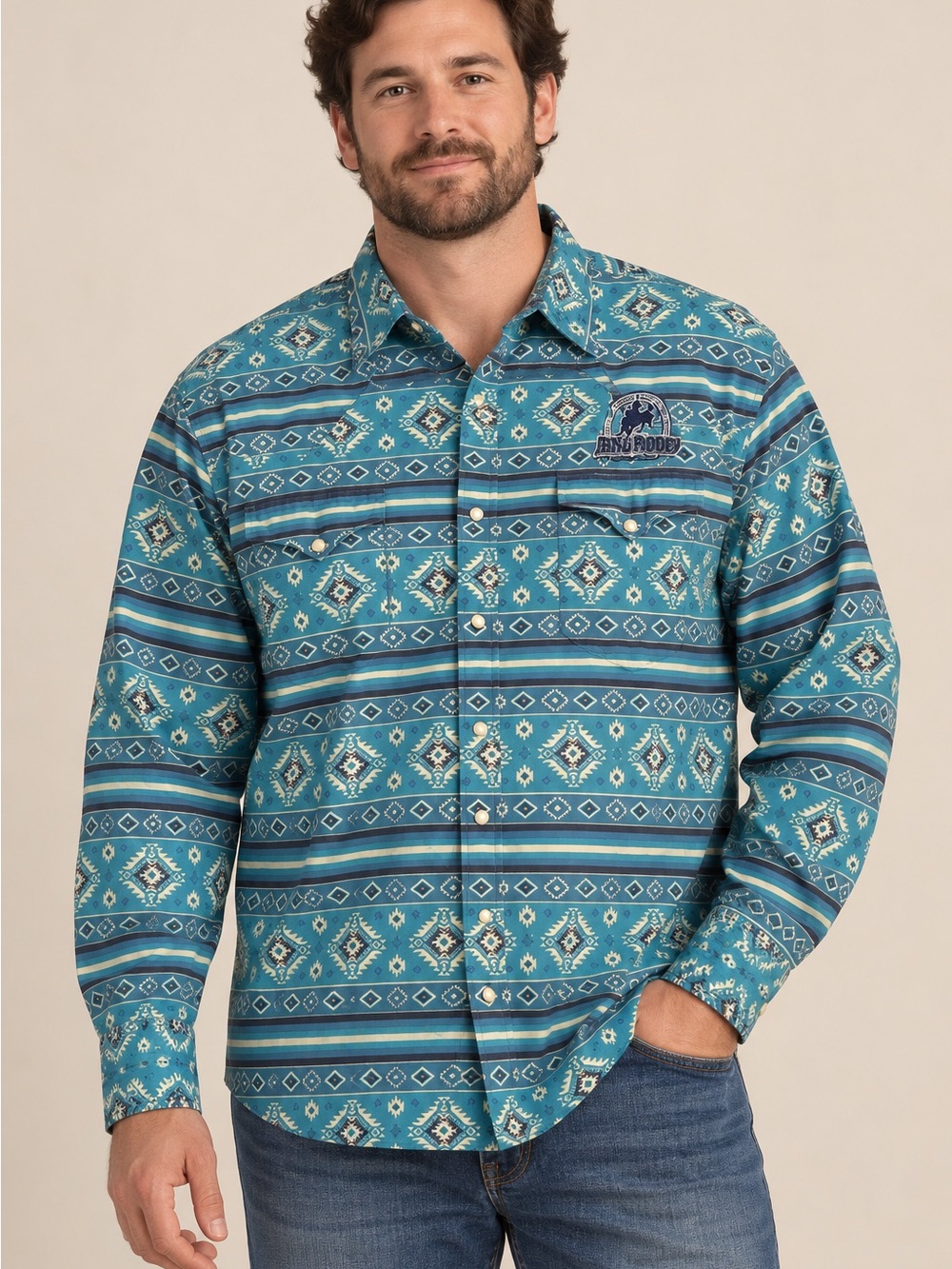 Roper Turquoise Aztec-Pattern Western Long Sleeve Button-Down Shirt